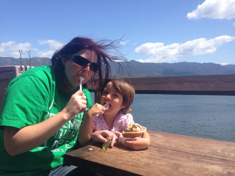 Our Kiwi friend, Frances, sharing an ice-cream with Miss 4 on Stearns Wharf, Santa Barbara. 